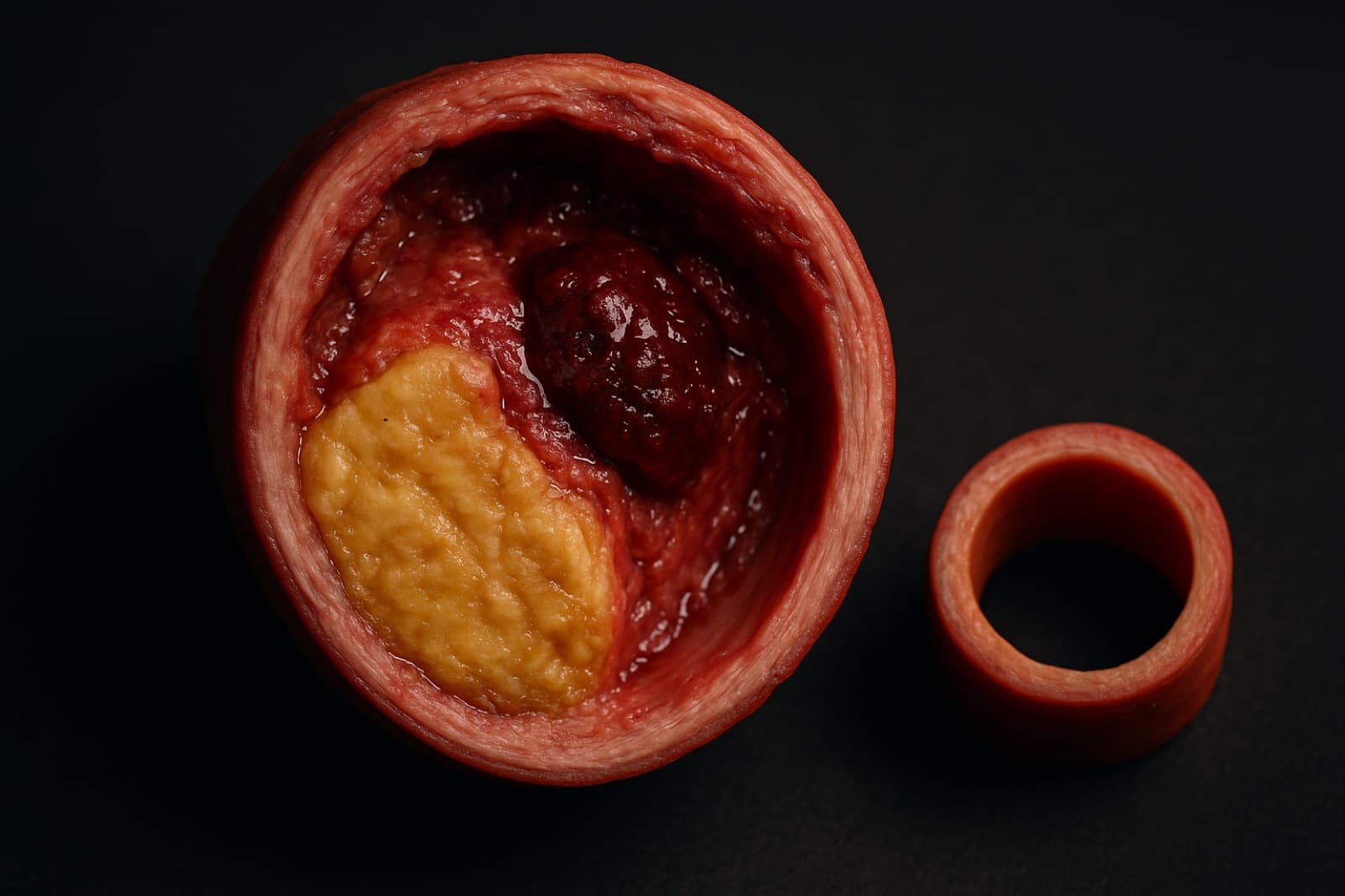 Illustration of a coronary artery cross-section with fatty plaque and a clot, beside a healthy open artery