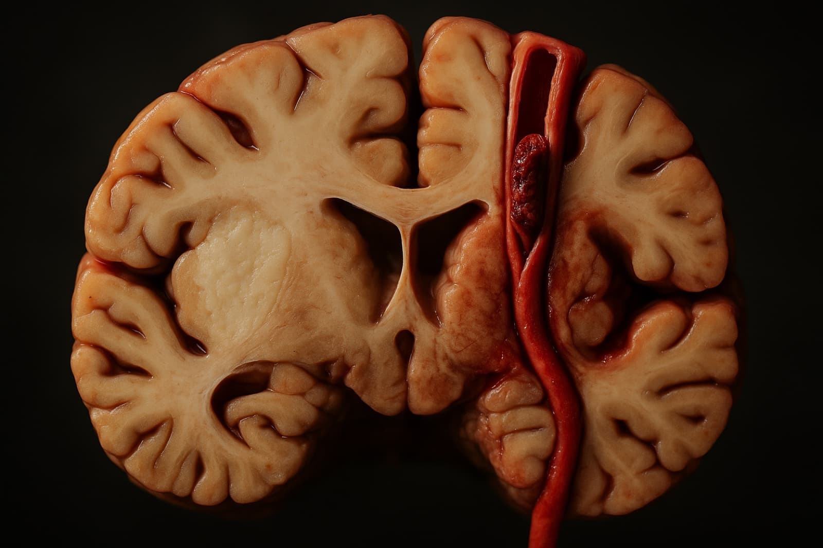 Illustration of a brain cross-section showing an ischemic stroke with a blocked artery and pale infarcted tissue