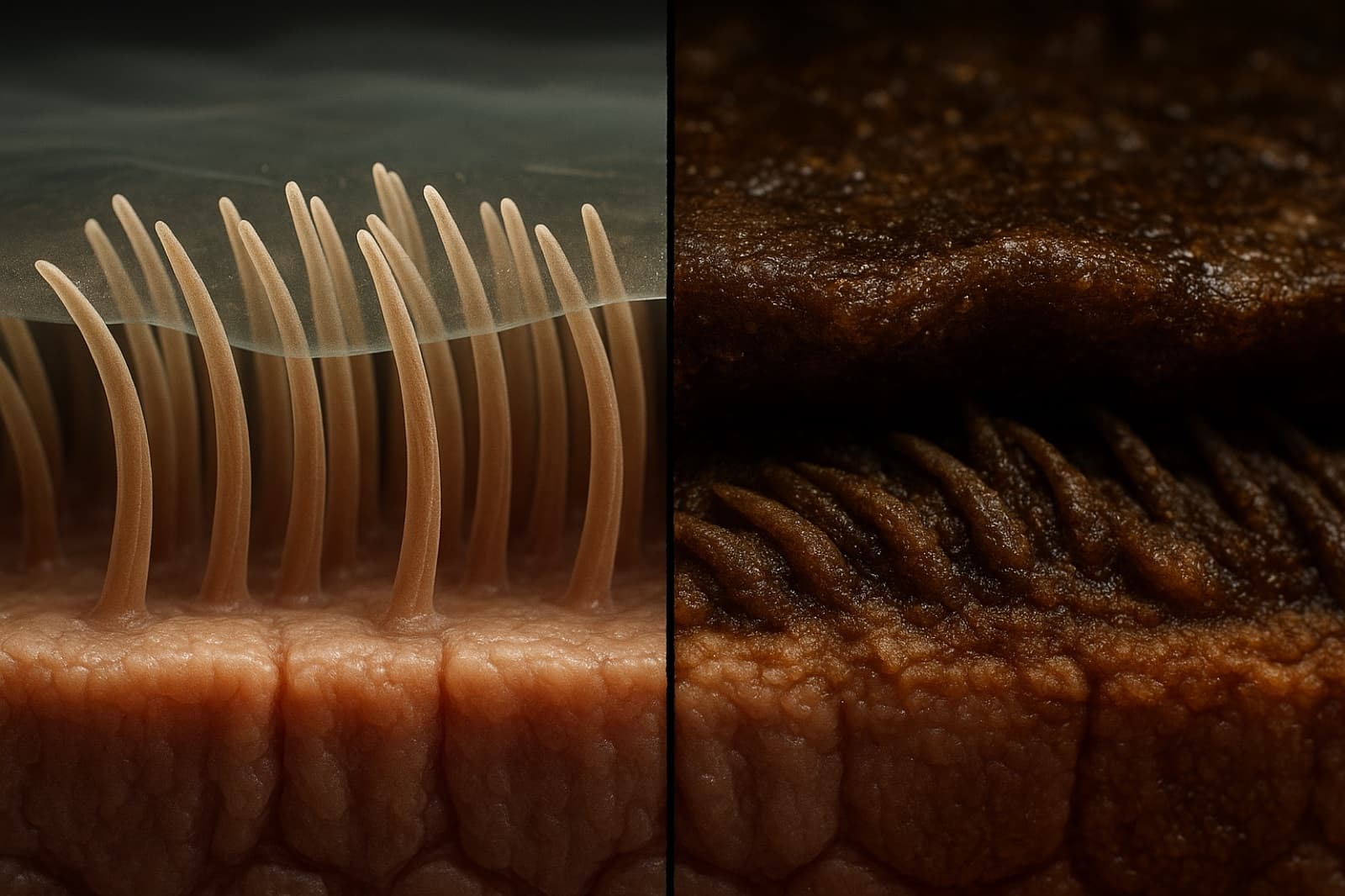 Microscopic illustration of healthy respiratory cilia beside cilia flattened under thick tar-laden mucus