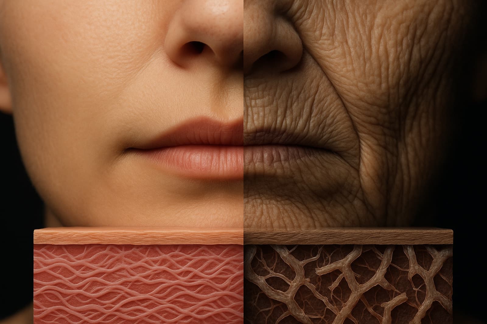 Dermatological illustration comparing healthy skin texture with smoker's skin showing deep wrinkles and broken collagen
